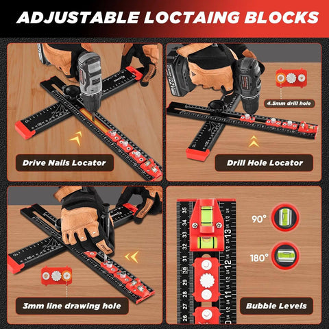 Handy 4 In 1 Drilling Positioning Ruler For Woodworking, Adjustable 13.78 Inch T Square Ruler with marking and bubble levels