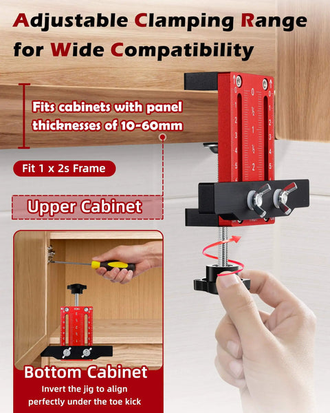 One Hand Hinge Installation Jig for Cabinet Doors A DIY Friendly Drilling Guide on upper cabinet with adjustable clamping range