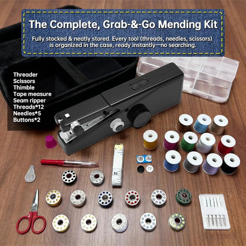 Grab And Go Cordless Handheld Sewing Machine For Beginners And Adults with accessories including spools and needles, black.