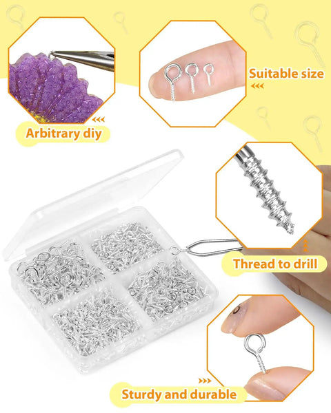600 Pcs Small Eye Pins For Jewelry Making And DIY Crafts Gold And Silver 3 Sizes in clear box, tools and sizes displayed