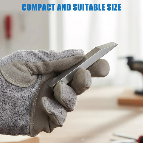 Person holding compact tool from 8 Piece Stainless Steel EDC Pry Bar Set For Everyday Carry in glove