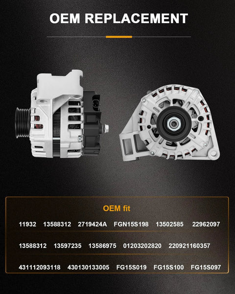 Alternator Replacement 150 Amp 12V For LaCrosse 2010-2016, Equinox 2010-2012, Impala 2012-2016, front and back view