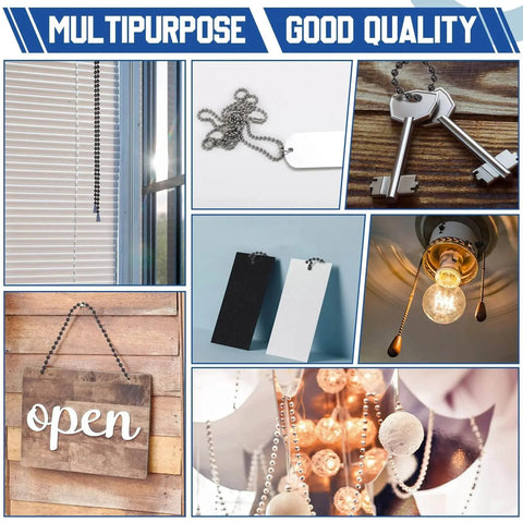 Collage featuring Beaded Chain For Roller Shades And Vertical Blinds 50 Ft 3mm With 50 Connectors Black used in various settings