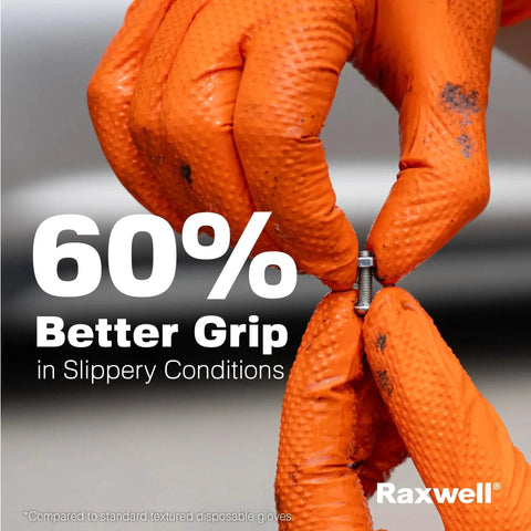 Diamond Texture Nitrile Gloves With Superior Grip And Puncture Resistance holding a bolt, orange, powder-free, large size, 8.5 mil