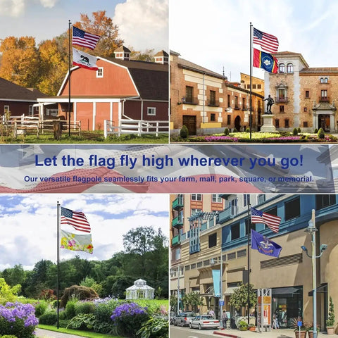 25 Foot Heavy Duty Flag Pole Built Tough Aluminum Rust Resistant Wind Tested To 100 MPH Two Flags in various outdoor settings.