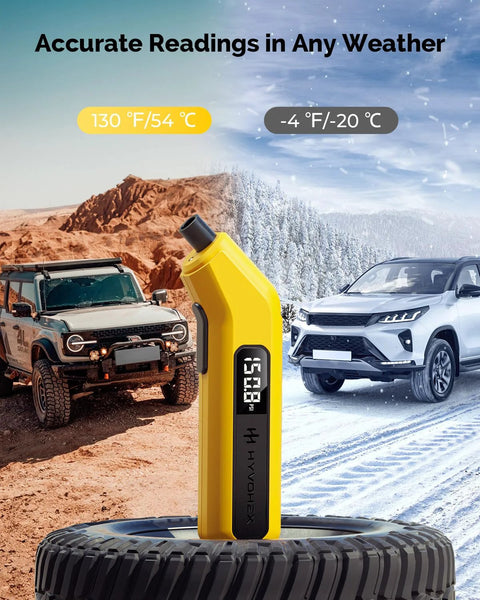 Digital tire pressure gauge in yellow with LED display, HYVOHEX brand, 200 PSI, inserted into tire.