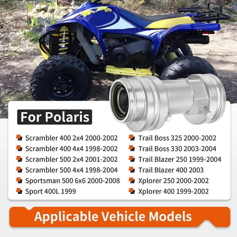 Rear Axle Bearing Housing Carrier Hub For Polaris ATV Heavy Duty Replacement Fits Scrambler 400 2x4 2000 2002 displayed in front of a blue ATV