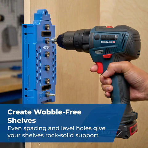 Pro Grade Shelf Hole Jig For Clean Wobble Free Shelves With Six Hardened Steel Drill Guides, Five Mm Hole Size, Increments Of One And A Quarter Inches, And A 32 Mm System, Durable Diy Woodworking Tool For Precise Shelving Installations in use on wood panel