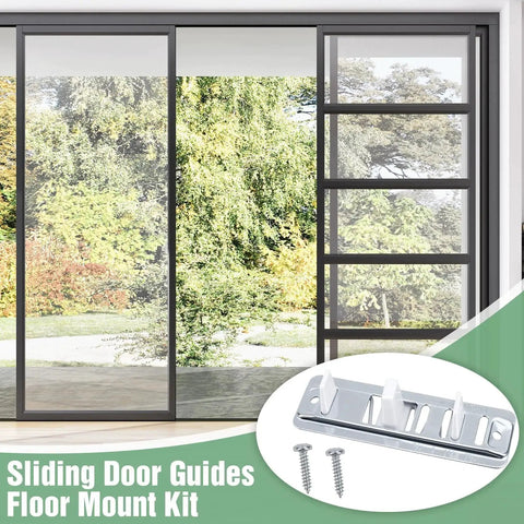 Sliding Closet Door Floor Guide For Bottom Track Systems Adjustable Steel Guides For Floor Screws Hardware Fits Three Quarters Inch To One And Three Eighths Inch Thick Doors Includes One Set With Two Screws Smooth Sliding And Easy Installation, product image showing steel guide and screws with glass doors.