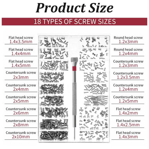 500Pcs Eyeglass Repair Kit With Tiny Micro Screws And Phillips Screwdriver, 18 Sizes of Small Screws Displayed in Organizer