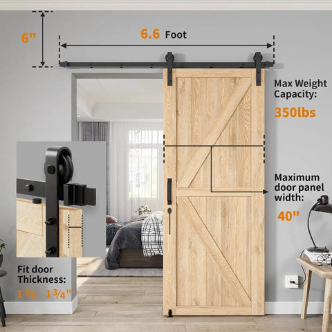 Heavy Duty Sliding Barn Door Hardware Kit 6.6 Ft With Smooth And Quiet Operation Adjustable Floor Guide Door Hook And Two Handles Fits Doors 1 3 8 To 1 3 4 Inch Thickness Black Finish J Shape Hangers Supports Up To 350 Lbs shown installed on wooden door