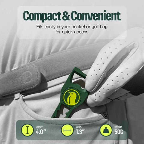 Person placing a Seven In One Metal Golf Divot Tool With Magnetic Ball Marker And Tee Height Setter Includes Bottle Opener Groove Cleaner