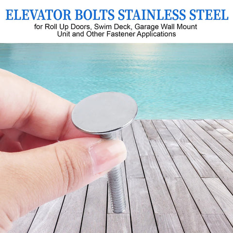 Elevator bolt, stainless steel, 1/4-20 x 2, flat head, held by hand above a wooden deck near water