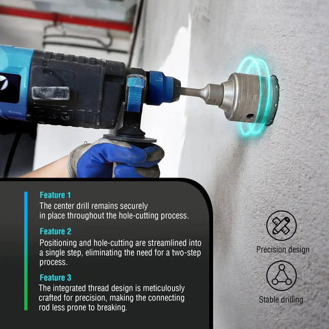 9 Piece Concrete Hole Saw Kit For Rotary Hammer With SDS Plus And SDS Max Shanks Heavy Duty Core Bit Set in use on wall