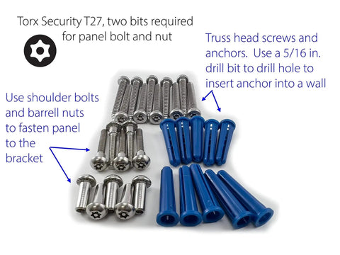Image showing Torx Security T27 screws, shoulder bolts, barrel nuts, and blue anchors. Tools for Aluminum One Ear Bracket with stainless fasteners.
