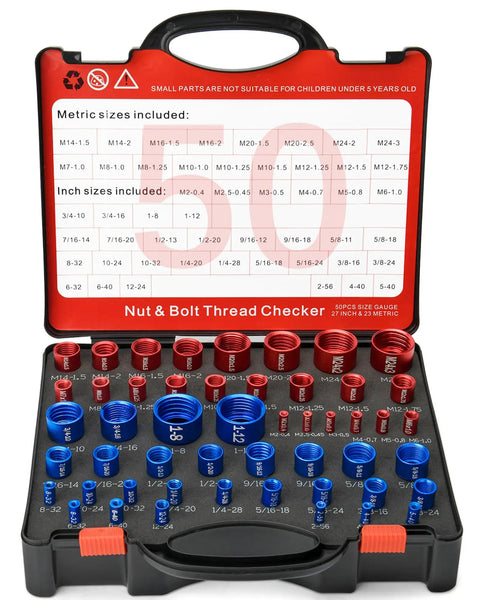 All In One Nut And Bolt Thread Checker Kit 50 Pcs SAE And Metric Detachable Size Finder For Screws Nuts And Fasteners In Tight Spaces Pro Grade Gauge Kit, top view of various size thread gauges.