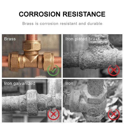 Comparison of corrosion resistance showing brass fitting in Premium 1/4 Inch Brass Fittings Kit With 90 Degree Street Elbow And Male And Female Hex Nipples 2 Pack 1/4 Inch NPT Pipe Fittings For Quick Plumbing Projects Durable Solid Brass Construction For Home Or Workshop next to corroded iron, iron plated brass, and iron galvanized fittings