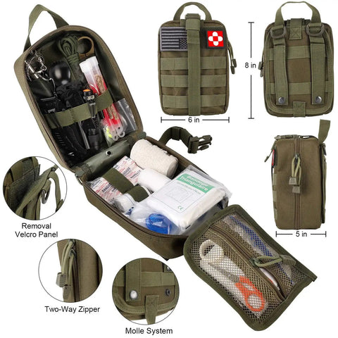 Open and closed view of green MOLLE pouch with 216 Pcs Survival First Aid Kit With Pro Gear Essentials For SOS Emergencies Hiking Hunting Camping