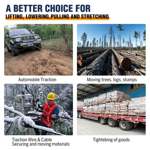 Collage showing uses of 5 Ton Come Along Winch With Dual Gear Ratchet For Vehicle Recovery 12ft Cable: vehicle, logging, construction.