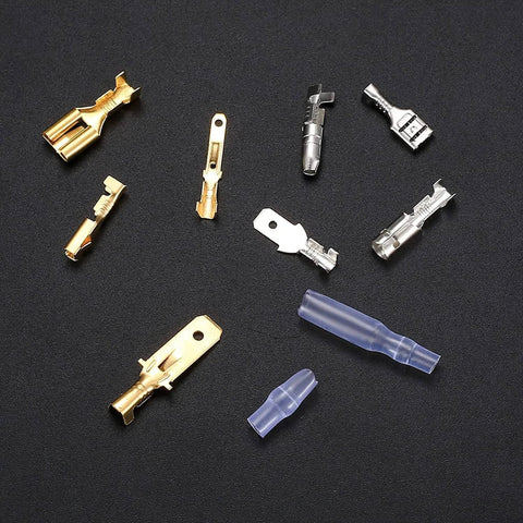 150 Piece Quick Splice Spade Connectors Kit With Insulated Nylon Sleeves For Two Point Eight Four Point Eight And Six Point Three Millimeter Male And Female Crimp Terminals For Car Audio Wiring displayed on black background.