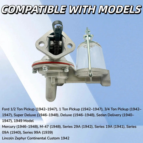 Mechanical Fuel Pump Compatible With Ford Flathead V8 Lincoln Mercury Flat Head 1939 1949 Classic Car Replacement Part For 1942 1947 Ford Half Ton And One Ton Pickups Deluxe Sedans Sedan Delivery And Mercury Lincoln Models, front view showing mounting and filter components.