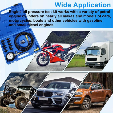 Oil Pressure Tester Tool Kit 0-140 PSI Gauge For Fuel System Diagnostics And Engine Check With Hose Adapters in blue case