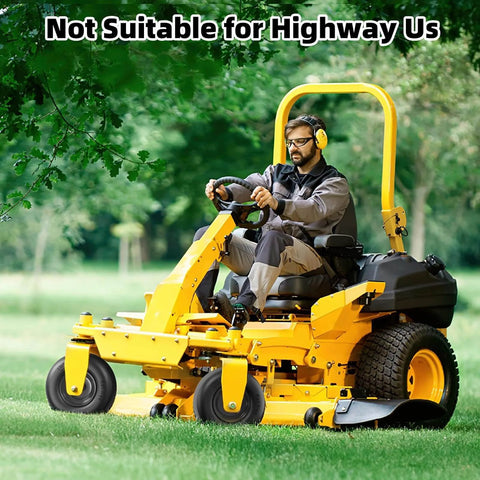 Person operating a zero turn mower with Flat Free 11x4.00-5 Front Lawn Mower Tire And Wheel Set With Solid Polyurethane Core
