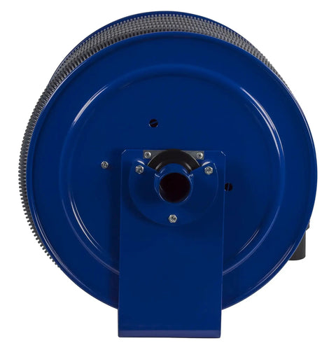 V-117H-850 Vacuum Direct Crank Rewind Hose Reel With Fifty Foot Two Inch Hose One And A Half Inch Cuff Built Tough Steel Construction Adjustable Tension Brake Powder Coated Blue Vacuum Hose Included Made In USA viewed front on