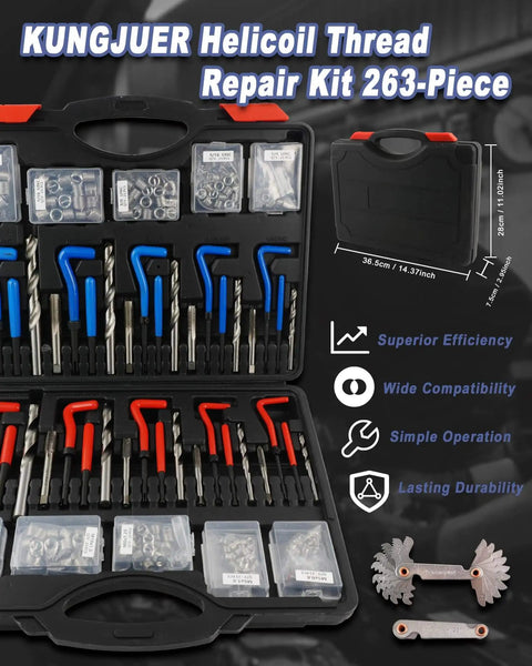 Open Pro Grade 263 Piece Helicoil Thread Repair Kit For SAE And Metric Threads With HSS Drill Restorer showing tools and inserts