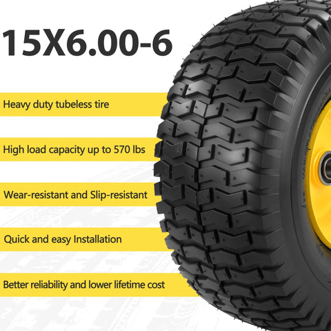 Side view of Two Pack 15x6.00-6 Lawn Mower Tire And Wheel Set For Front Replacement On Most 100 And 300 Series Riding Mowers