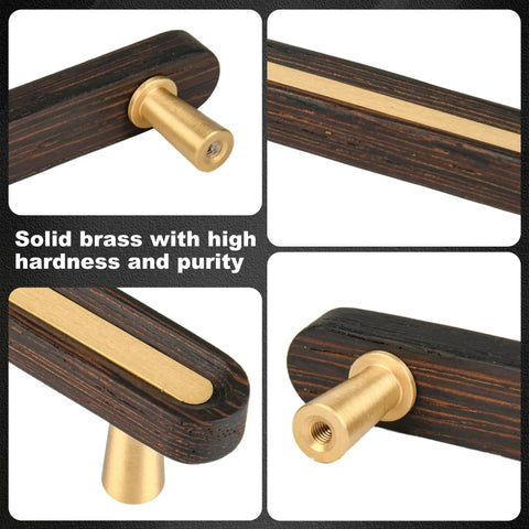 Close-up of Solid Brass And Wood Cabinet Pulls Five Pack Three And Three Quarter Inch Center To Center Dresser Drawer Handles.