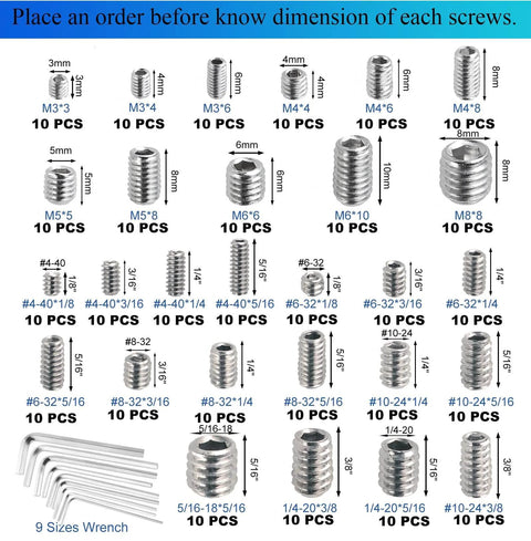 280 Piece Set Screw Kit With 28 Sizes Metric And SAE Allen Grub Screws In 304 Stainless Steel Internal Hex Drive Cup Point for Door Knobs and Faucets displayed in assorted sizes with hex wrenches
