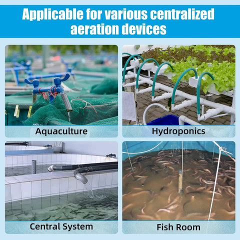One Way Air Flow Valves 20 Pack For Aquarium And Hydroponics Systems Including Fish Rooms And Central Air Fits Standard 3/16 Inch Airline Tubing Non Slip Surface For Leak Free Air Control By AQUANEAT shown in aquaculture, hydroponics, central systems, and fish room setups
