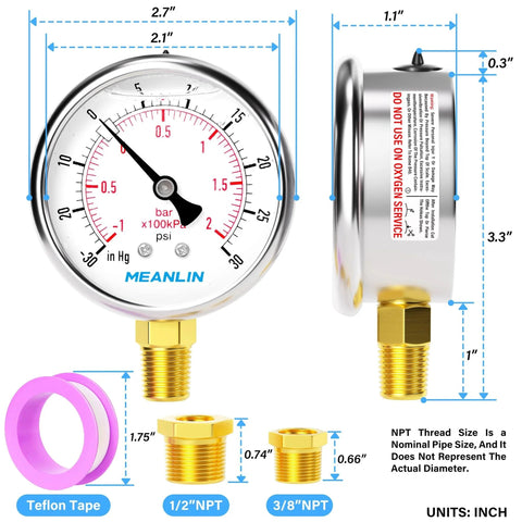 Stainless Steel Liquid Filled Vacuum And Pressure Gauge With Two And A Half Inch Dial, Lower Mount, One Quarter Inch NPT Inlet