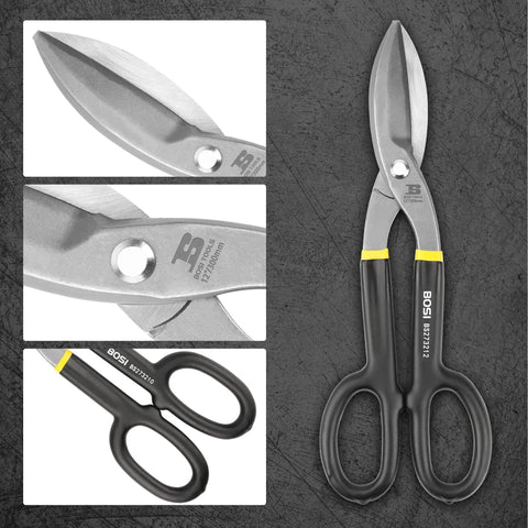 Heavy Duty Tin Snips 12 Inch Straight Cut Metal Shears With Drop Forged Carbon Steel Blade And Comfortable Rubber Dipped Handle