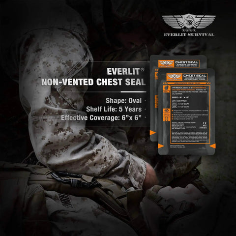 Packaging of Everlit non-vented chest seal for military use, oval shape, 6x6 inches, on camouflage background.