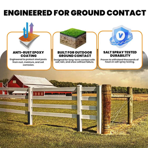 Illustration highlighting features of Heavy Duty Fence Post Repair Kit For Leaning Or Broken Wood Posts Anchor Bracket in a farm setting.