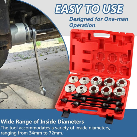 28 Piece Press And Pull Sleeve Kit For Bushing Bearing And Seal Removal And Installation in red case on workshop floor