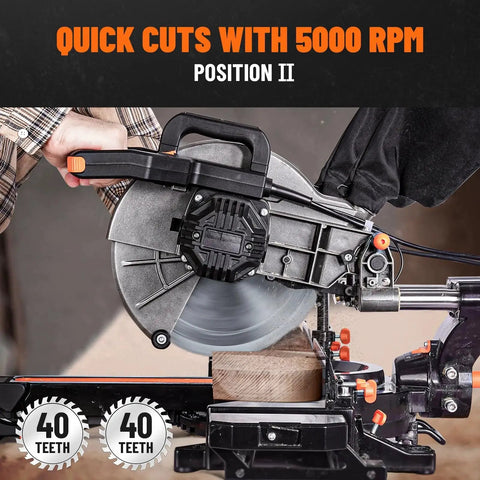 Pro Grade 10 Inch Sliding Miter Saw For Multi Material Cuts With Dual Speed Control cutting wood, 3 TCT Blades visible