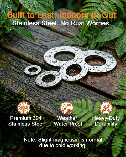 YoSpciaNe 405pcs flat washers set, metric 304 stainless steel, dew-covered M3–M12 washers on weathered wood surface