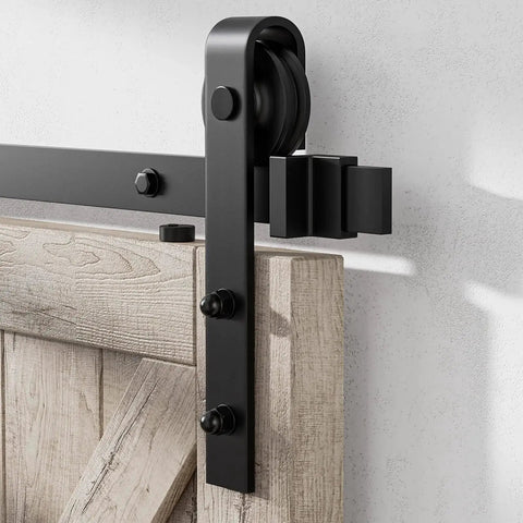 Sliding Barn Door Hanger Rollers Set Of Two For All Barn Door Hardware Kits, J-Shape Hangers, black steel on wooden door