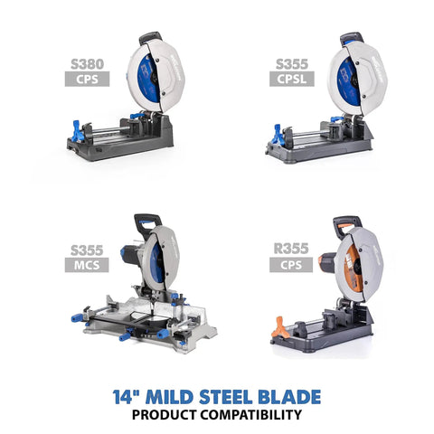 Mild Steel Cutting Blade For Circular And Chop Saws, 14 Inch, shown with compatible saws for product compatibility.