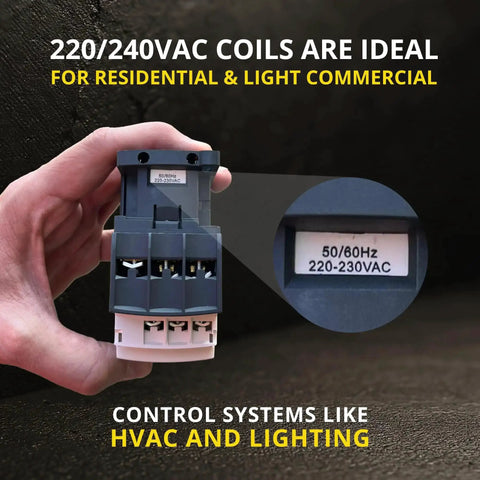 Person holding Beefy 3 Pole 30 Amp AC Contactor With 1NO 1NC Aux Contacts 220 240V Coil, close-up of label showing 220-230VAC rating.