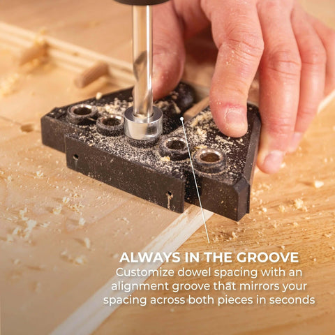 Doweling Jig Kit With Removable Drill Guides For Cabinets And Benchtop Projects in use, alignment groove highlighted