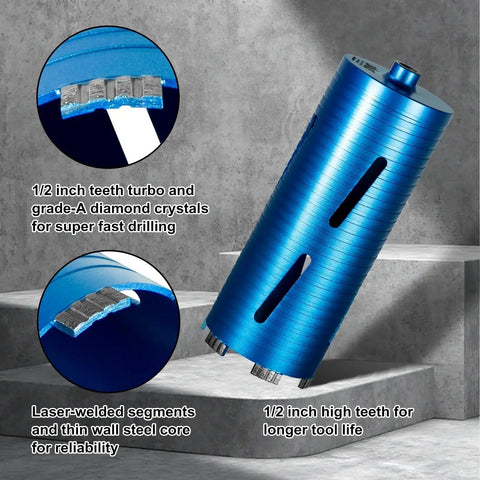 Diamond Core Drill Bit Set For Concrete Masonry, 2 1/2 Inch Diameter, 10 Inch Drilling Depth, 5/8-11 Thread, Turbo Laser Welded Segments