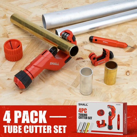 Pro Grade Heavy Duty 4-Piece Tubing Cutter Set For Copper Aluminum Stainless Steel And PVC From One Quarter To Two Inch Outside Diameter Plus A Mini Cutter For One Eighth To Seven Eighths Inch OD With Deburring Tool And Pipe Reamer on display with tubes and packaging.