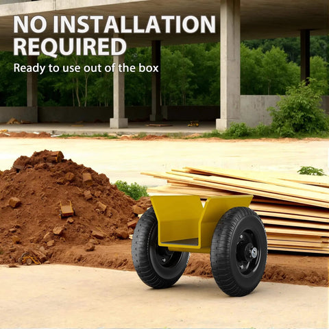 Heavy Duty Panel Dolly With 700 Pound Load Capacity And Eight Inch Wheels A Beast Of A Workhorse Steel Mover For Drywall Plywood Doors Fence Sheetrock And Lumber Move It Easy And Fast shown on construction site with yellow finish and large wheels