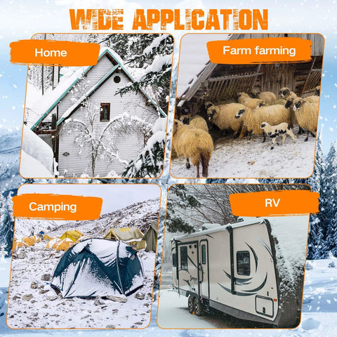 Amazon 30ft heated water hose collage showing home, farm, camping, and RV uses in winter.
