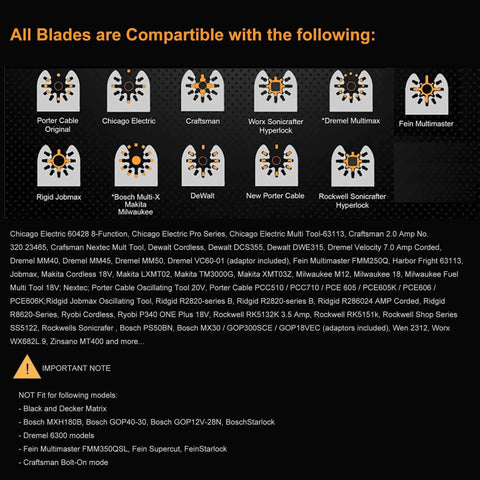 Compatibility chart for Drywall Oscillating Tool Blades 4 Pack For Heavy Duty Straight And Curved Cuts That Cut Like A Boss Fits Dremel DeWalt Fein Multimaster Bosch Makita Milwaukee Ryobi Craftsman Ridgid And More