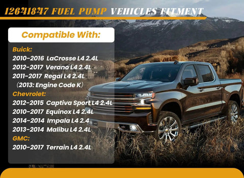 Compatibility chart for Drop In High Pressure Fuel Pump for GM 2.4L 2010 to 2017 vehicles with Buick, Chevrolet, GMC models.
